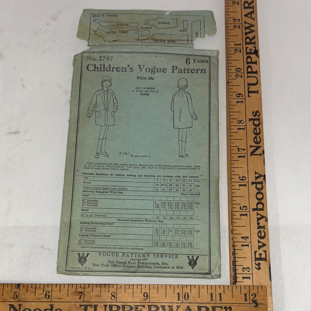 Almost Antique! 1928 Vogue Children's Pattern Girl’s Coat Pattern #2797